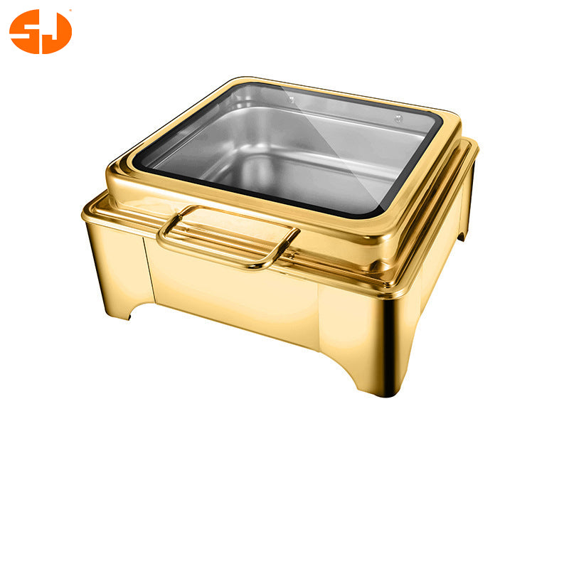 Gold rectangular chafing dish with clear lid on a white background
