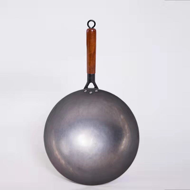 Hand-Forged Flat Bottom Carbon Steel Wok with Wooden Handle – For Gas, Stove & LPG Wok Burners