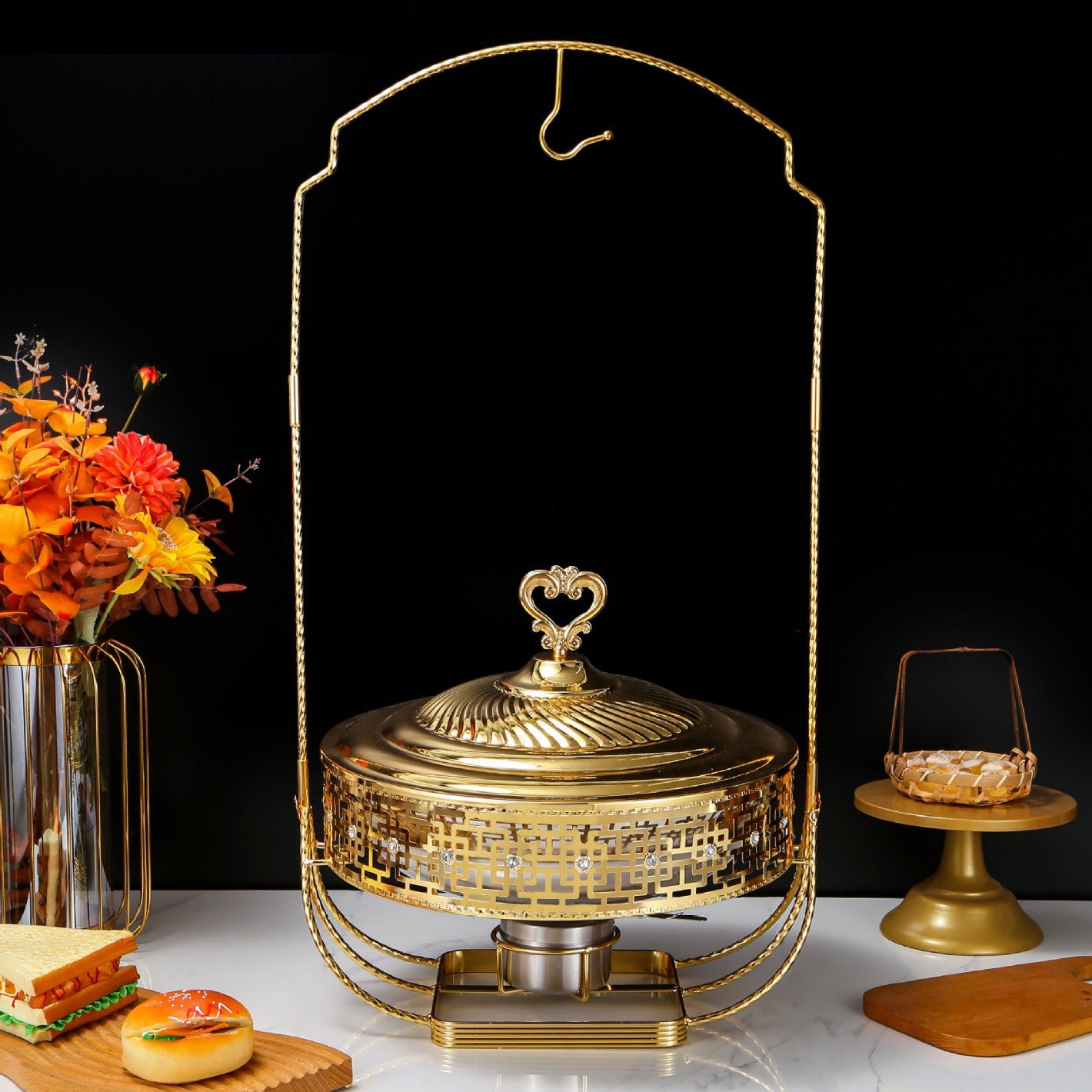 8L Gold-Plated Hanging Round Chafing Dish with Double Food Trays – Fuel Heated Buffet Warmer