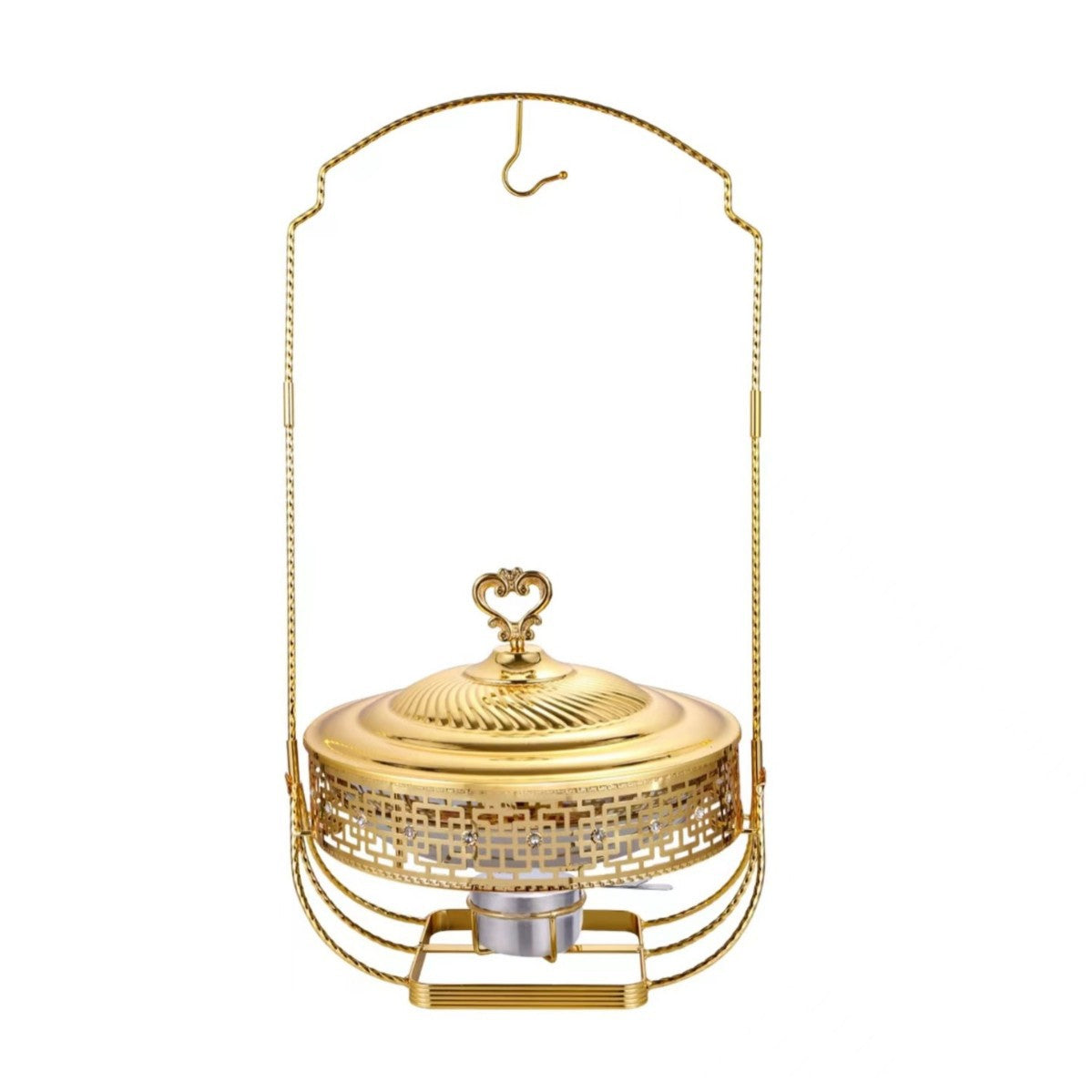 8L Gold-Plated Hanging Round Chafing Dish with Double Food Trays โ Fuel Heated Buffet Warmer
