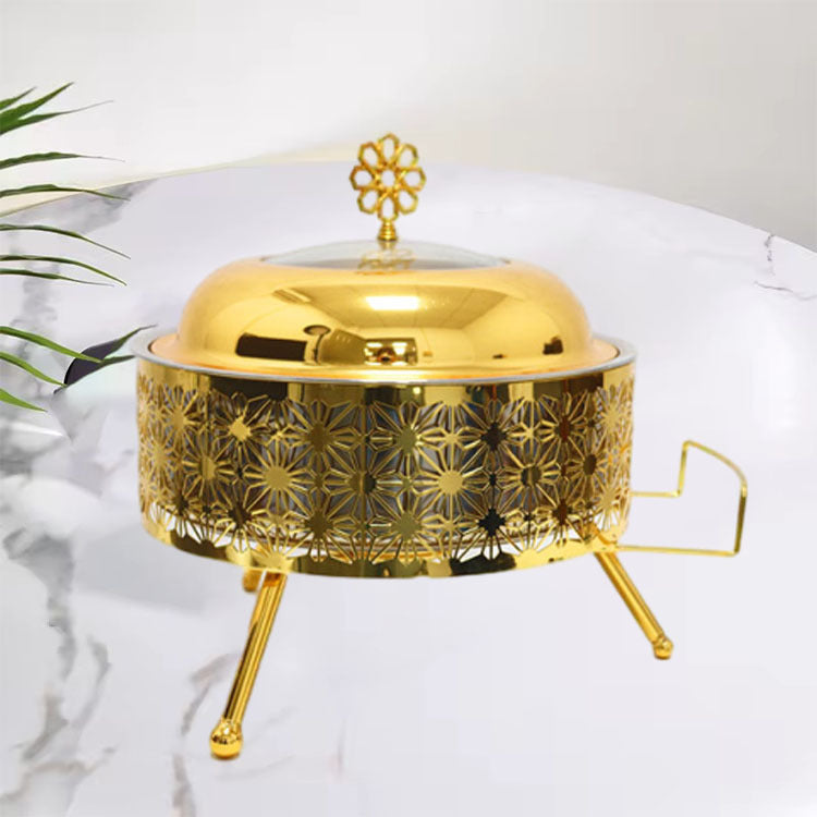 8L Round Gold-Plated Stainless Steel Chafing Dish with Glass Lid – Fuel Heated