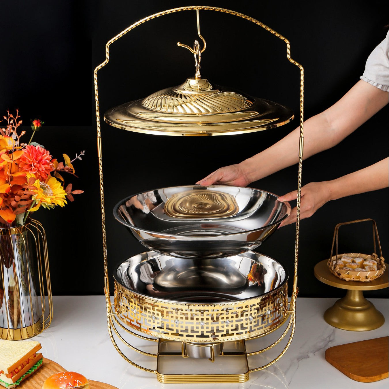 8L Gold-Plated Hanging Round Chafing Dish with Double Food Trays โ Fuel Heated Buffet Warmer