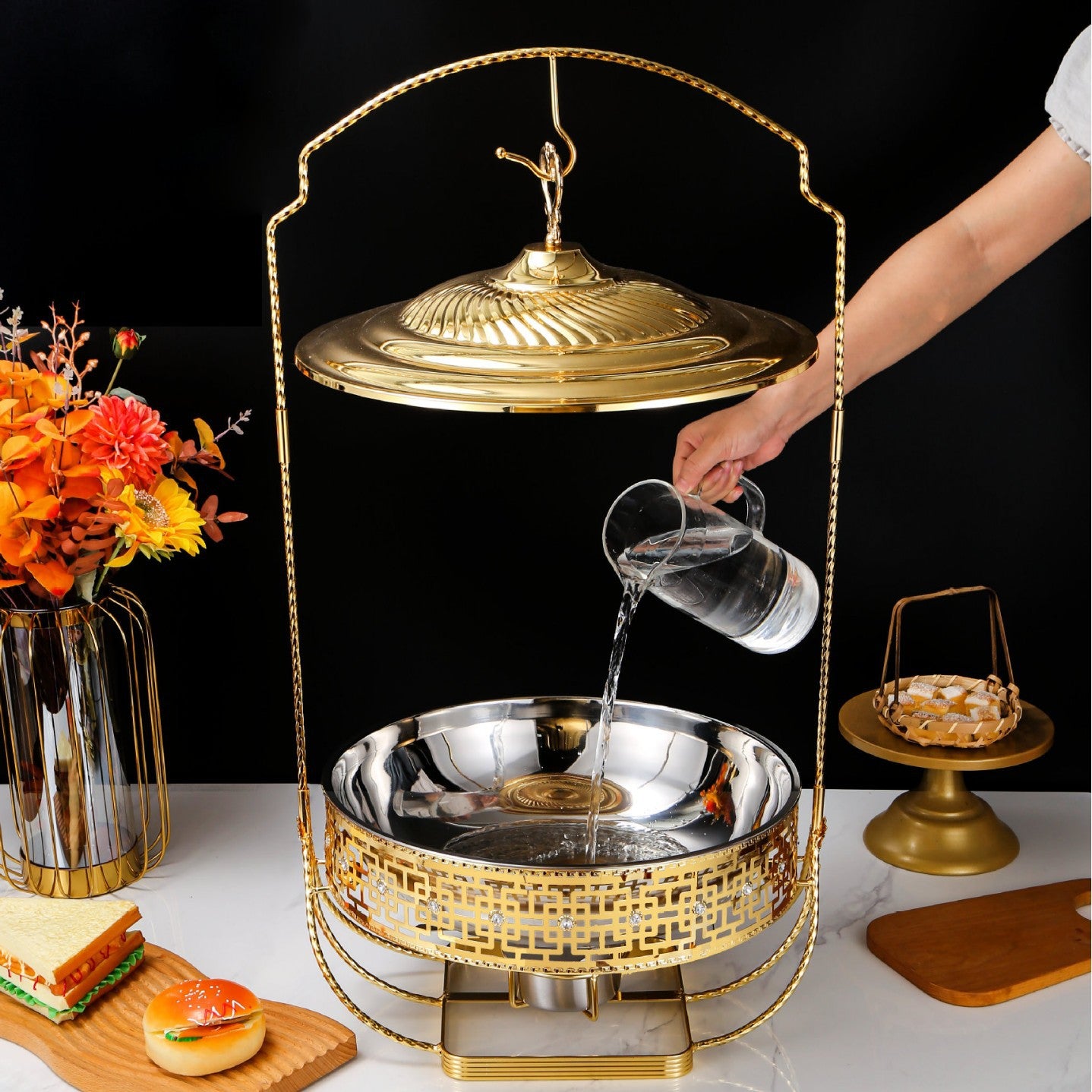 8L Gold-Plated Hanging Round Chafing Dish with Double Food Trays – Fuel Heated Buffet Warmer
