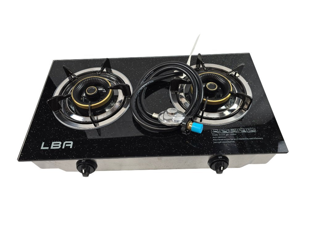 Tempered Glass Double Burner Stove LPG Gas with Hose and Regulator