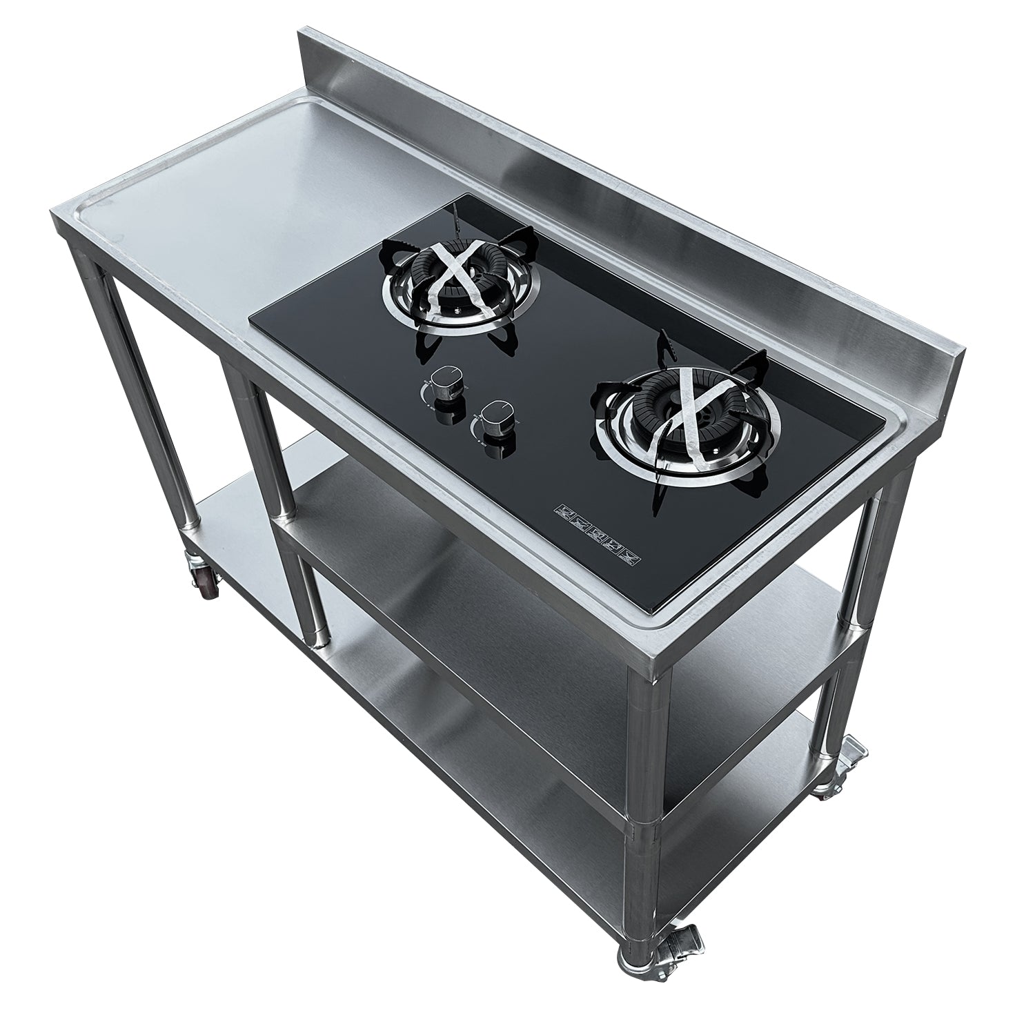 LPG 2 Burner builtin with Stainless Steel bentch, Trolley with Builtin Glass two burner stove