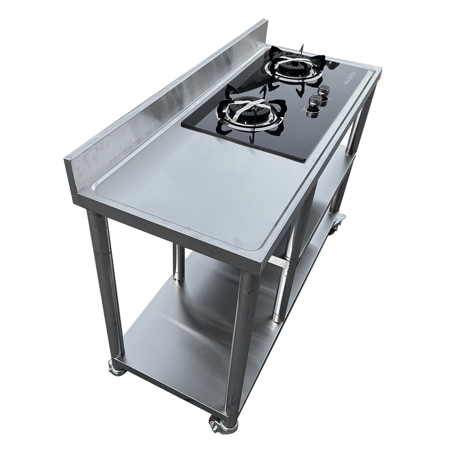 LPG 2 Burner builtin with Stainless Steel bentch, Trolley with Builtin Glass two burner stove