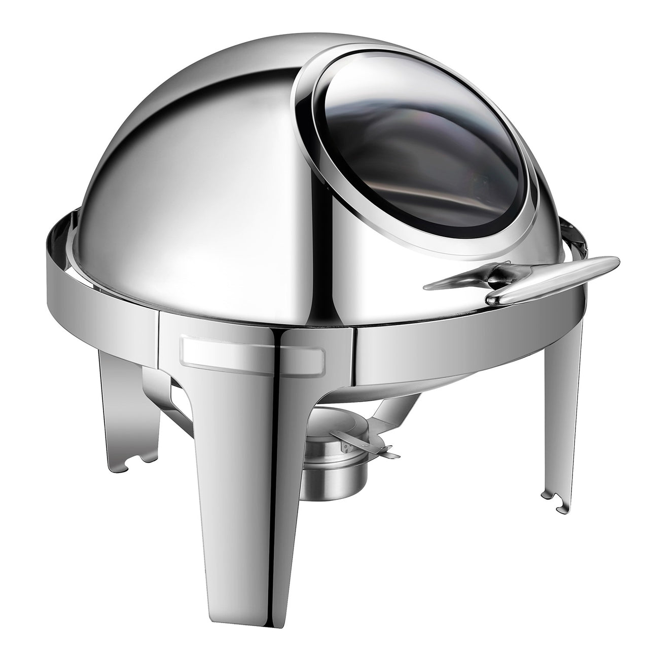 Round Chafing Dish with Full Clamshell Lid and Single Burner, Straight Foot Design, 201 Non-Magnetic Stainless Steel, 6.8L