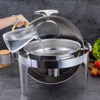 Thumbnail for Round Chafing Dish with Full Clamshell Lid and Single Burner, Straight Foot Design, 201 Non-Magnetic Stainless Steel, 6.8L