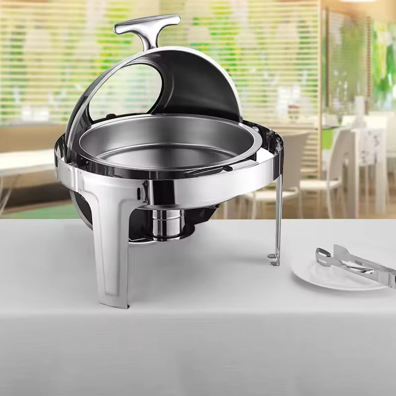 Round Chafing Dish with Full Clamshell Lid and Single Burner, Straight Foot Design, 201 Non-Magnetic Stainless Steel, 6.8L